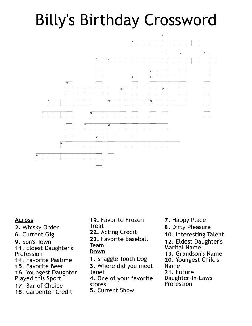 Billy's Birthday Crossword
