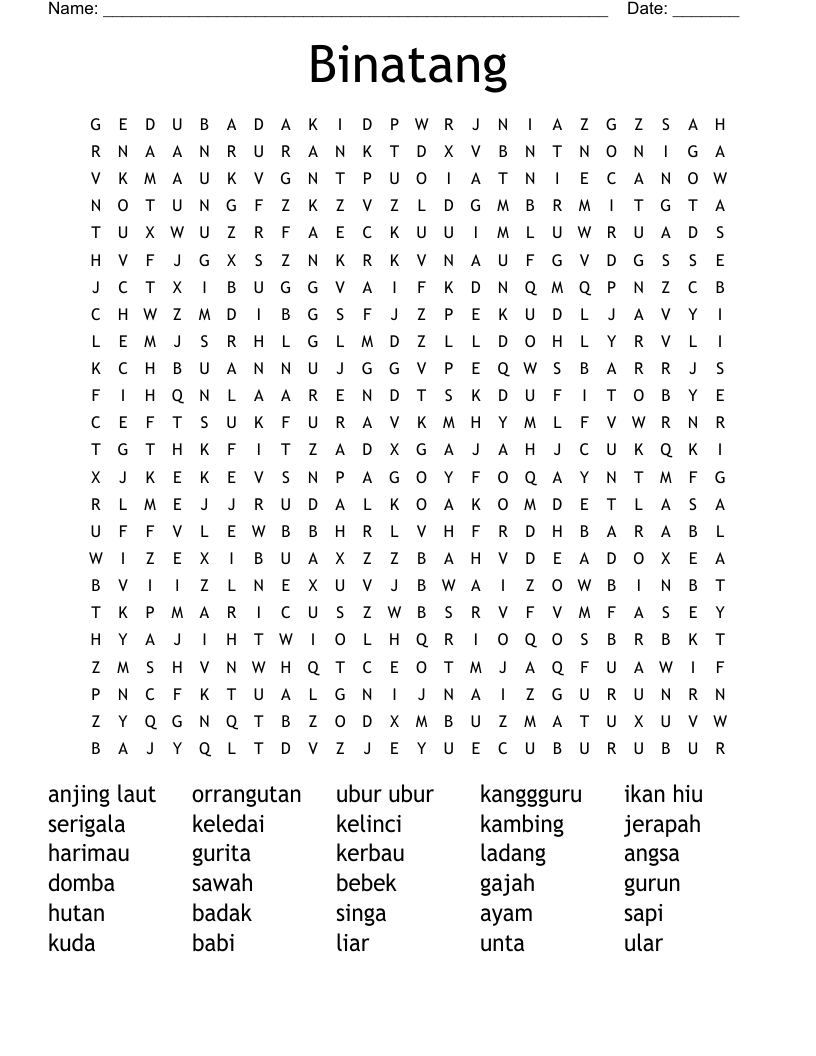 Binatang Word Search