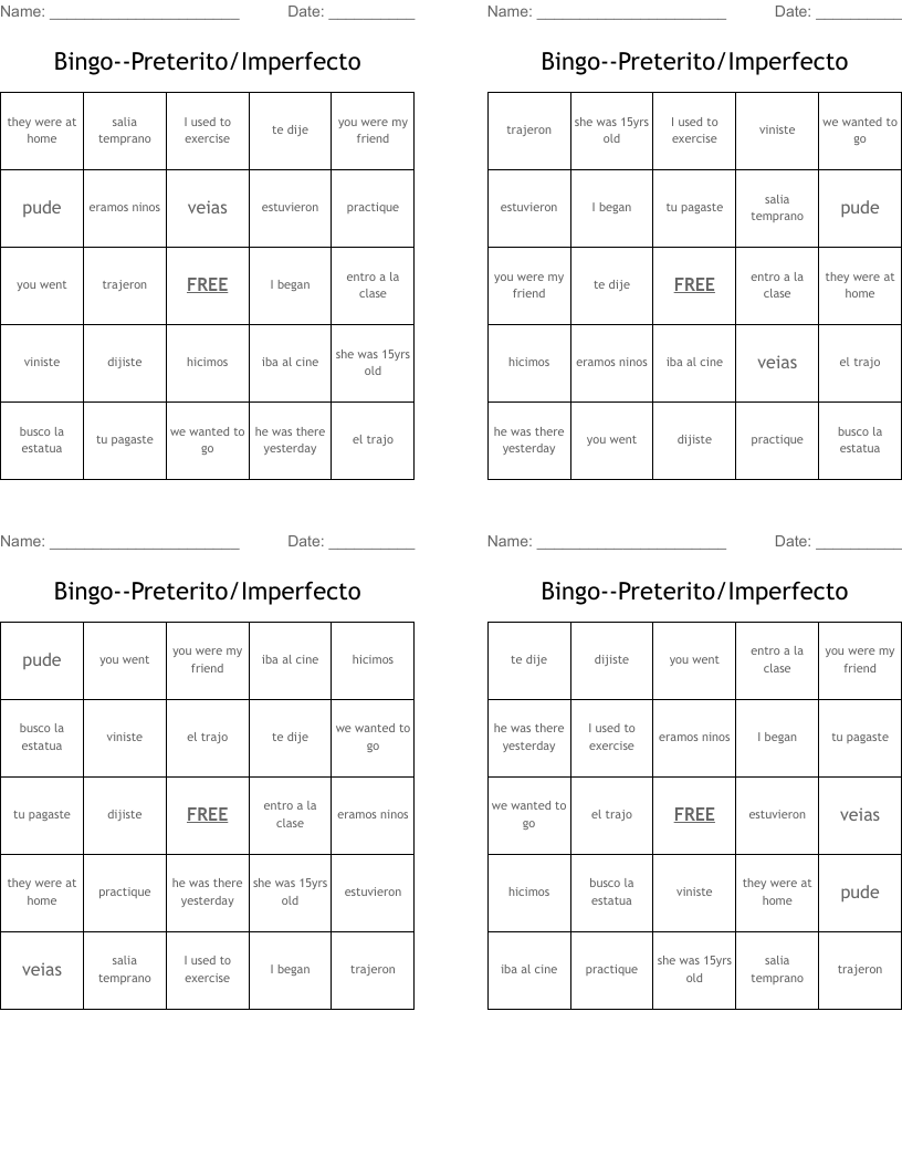 Bingo--Preterito/Imperfecto