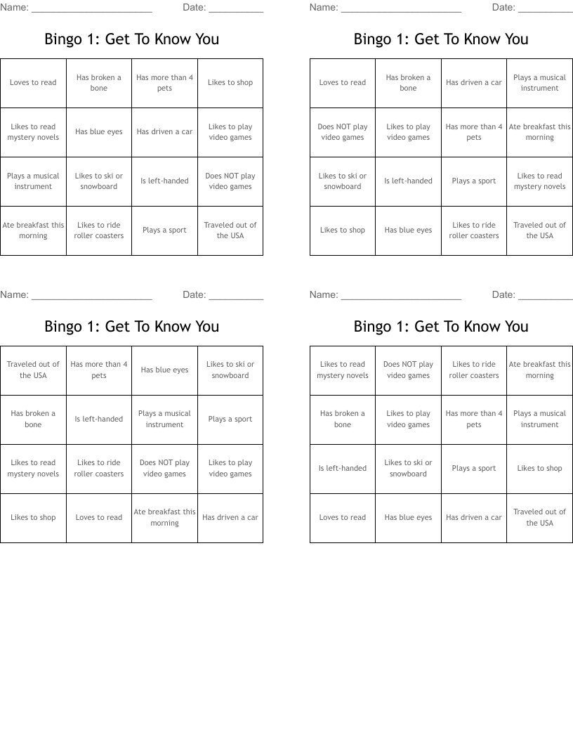 Bingo 1: Get To Know You
