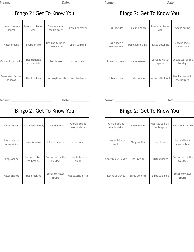 Bingo 2: Get To Know You 