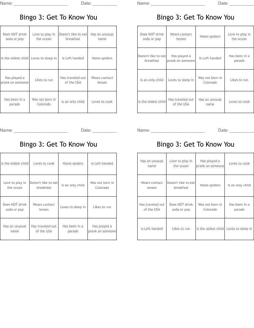 Bingo 3: Get To Know You 