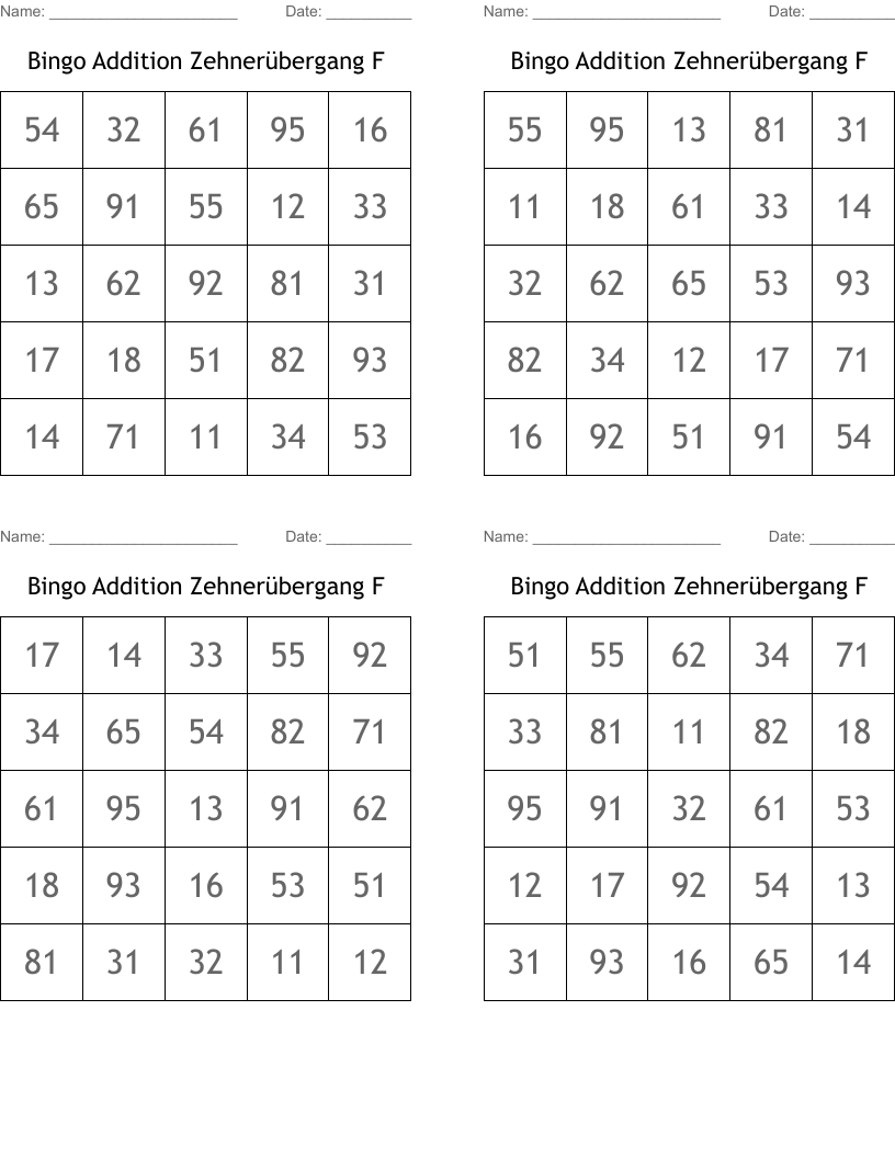 Bingo Addition Zehnerübergang F