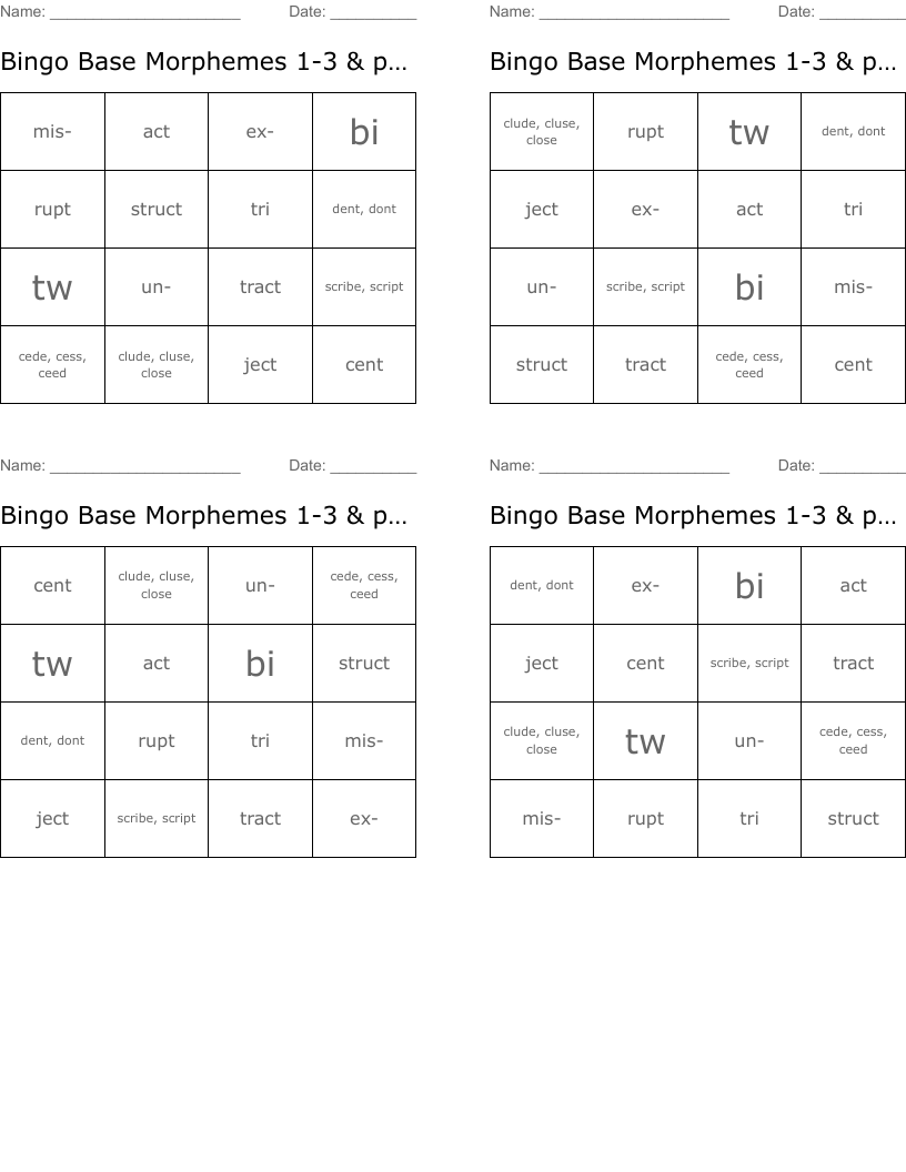 Bingo Base Morphemes 1-3 & prefixes