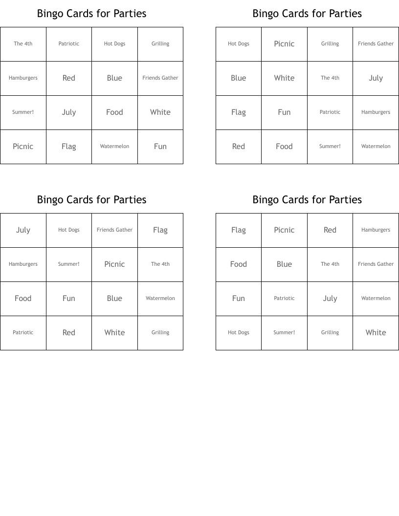 Bingo Cards for Parties