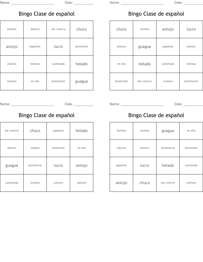 Bingo Clase de español