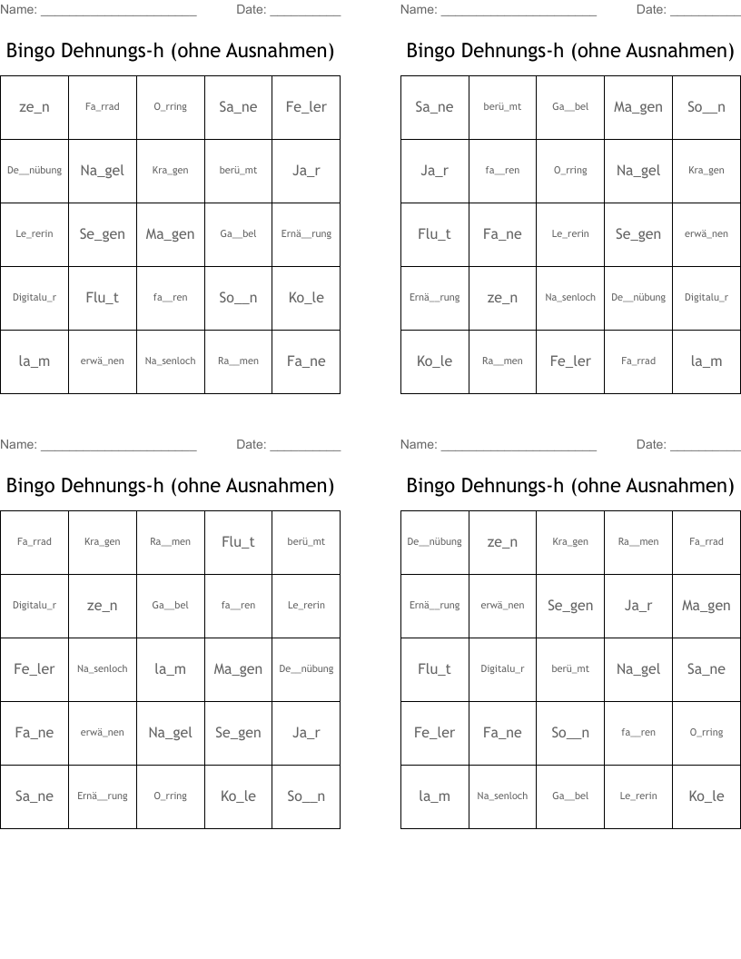 Bingo Dehnungs-h (ohne Ausnahmen)