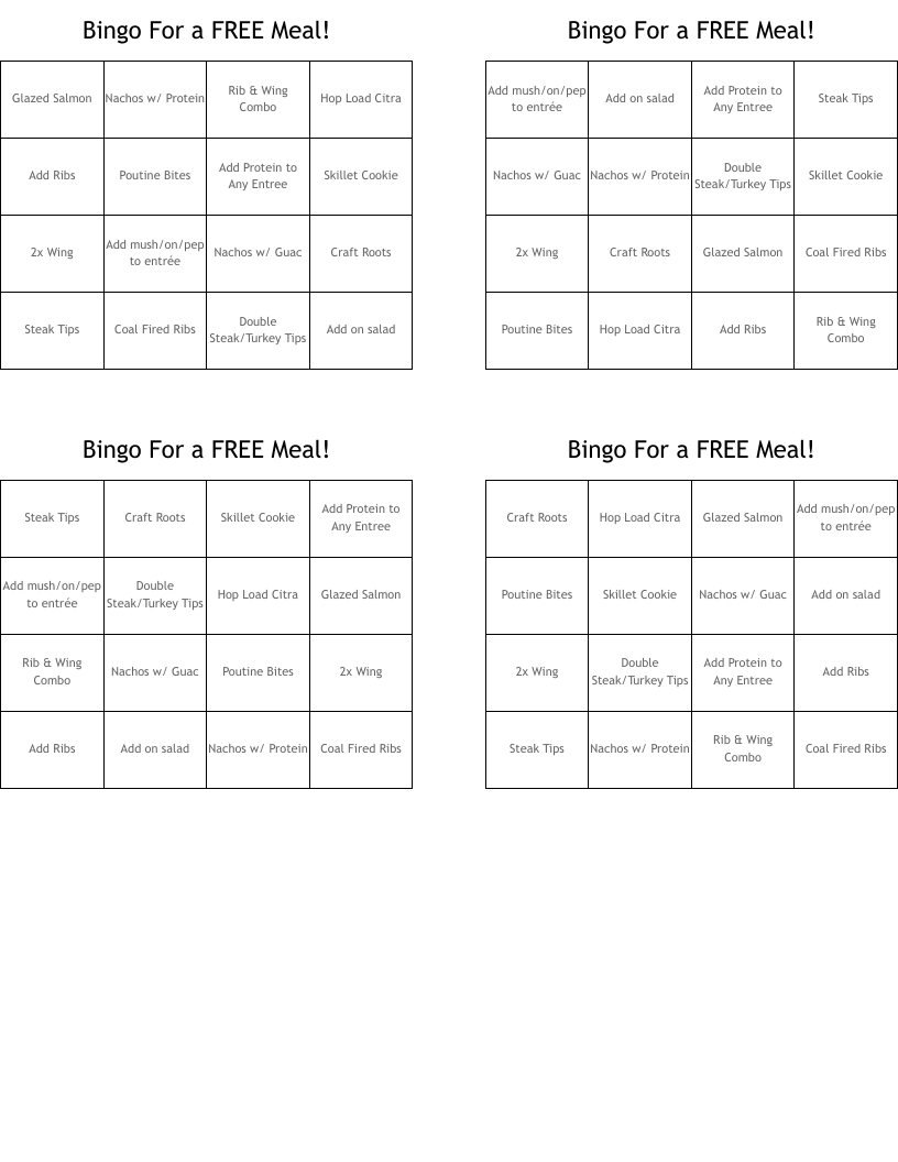 Bingo For a FREE Meal!