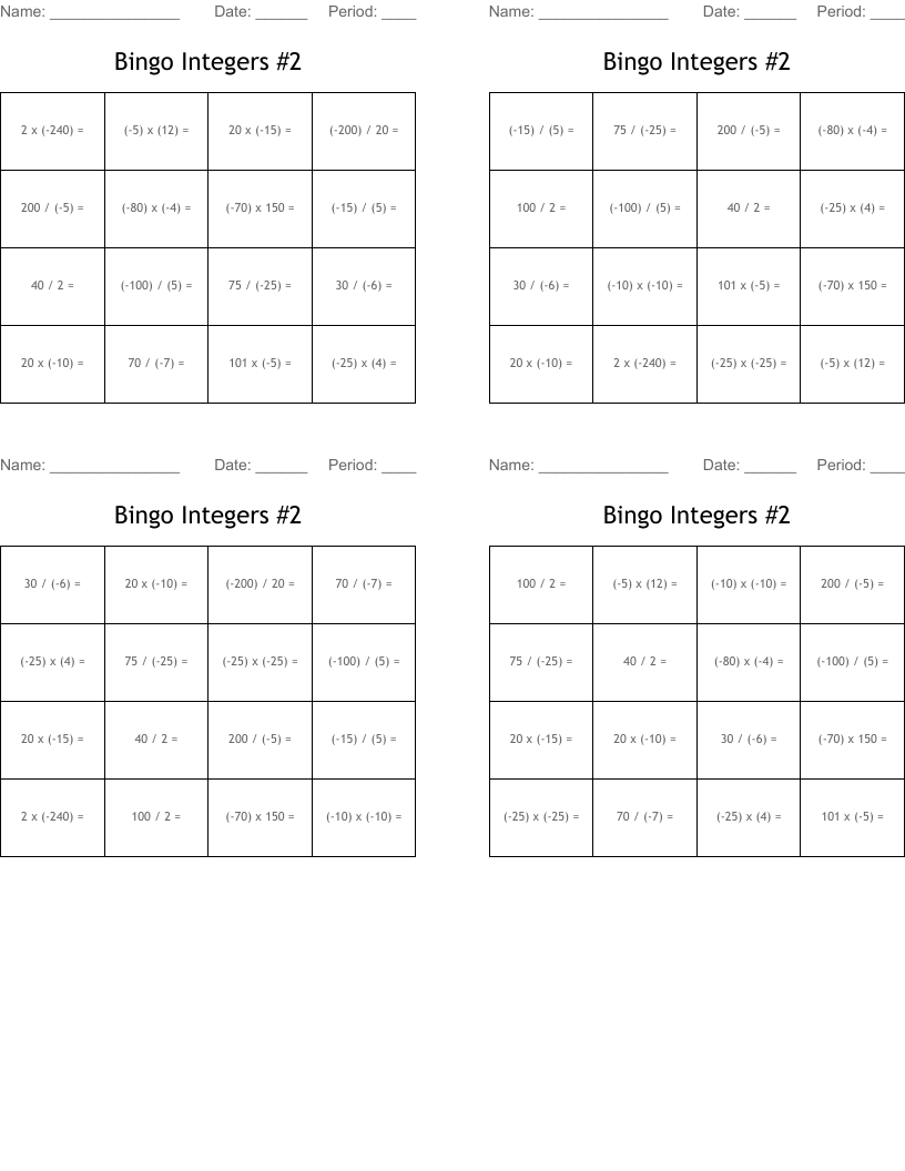 Bingo Integers #2