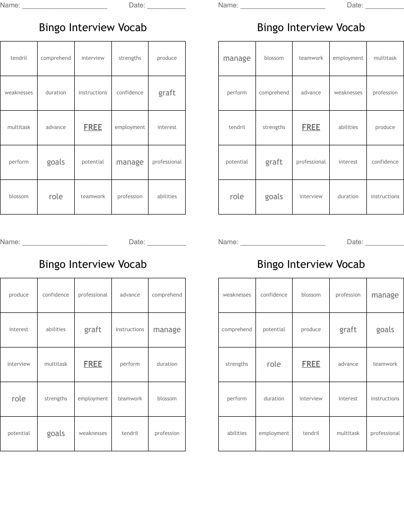 Bingo Interview Vocab