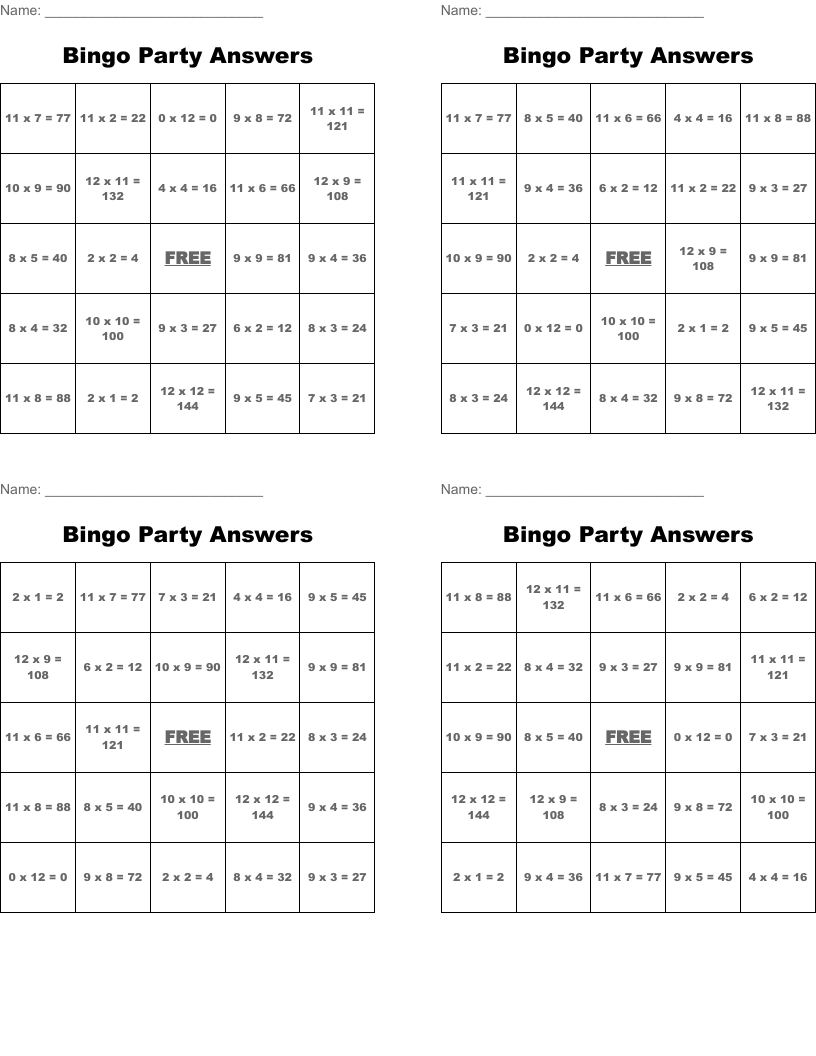 Bingo Party Answers
