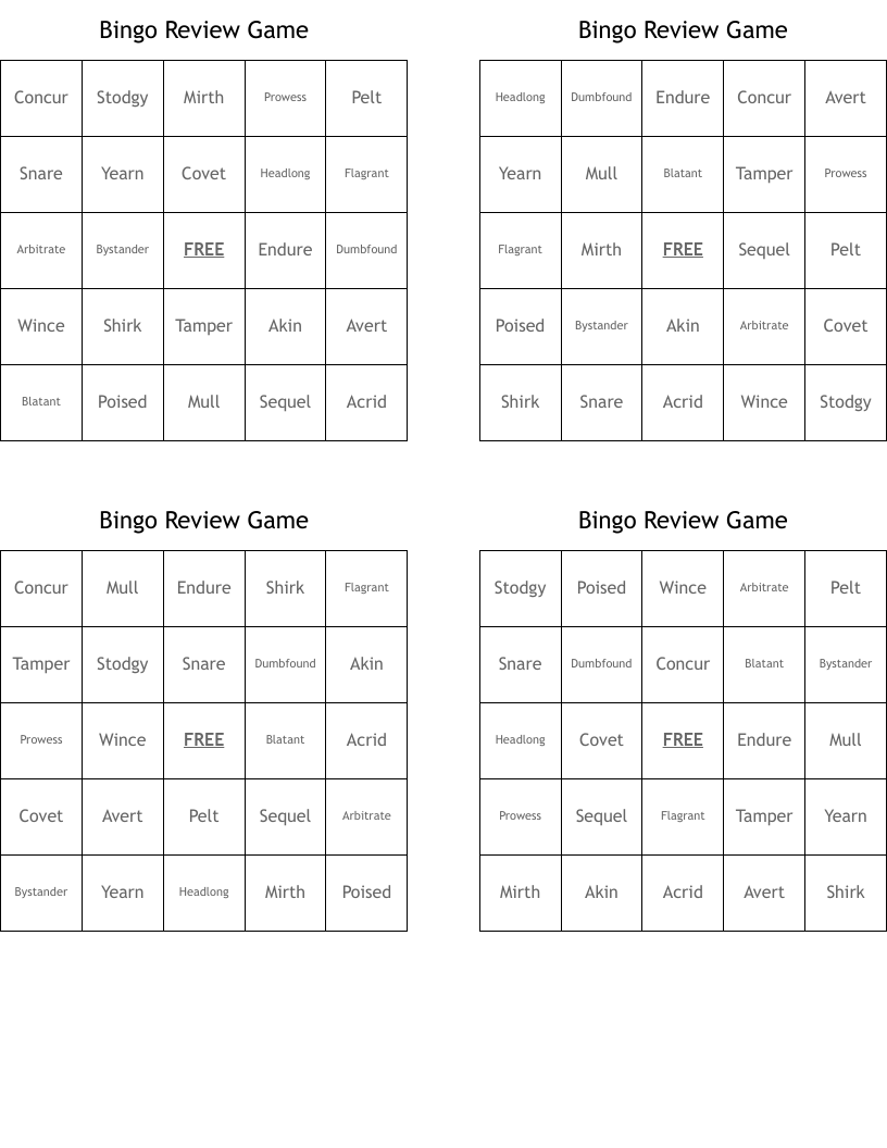 Bingo Review Game