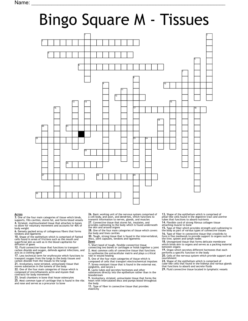 Bingo Square M - Tissues Crossword