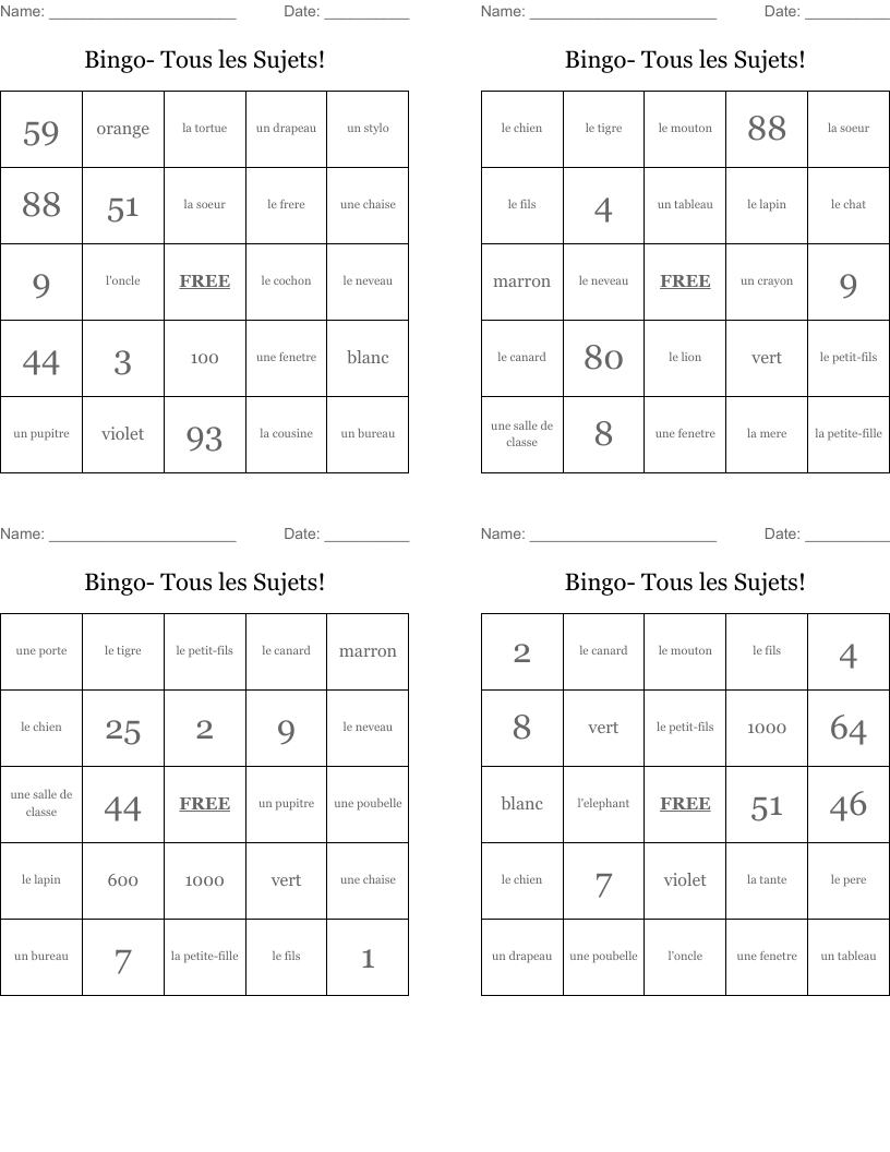 Bingo- Tous les Sujets!