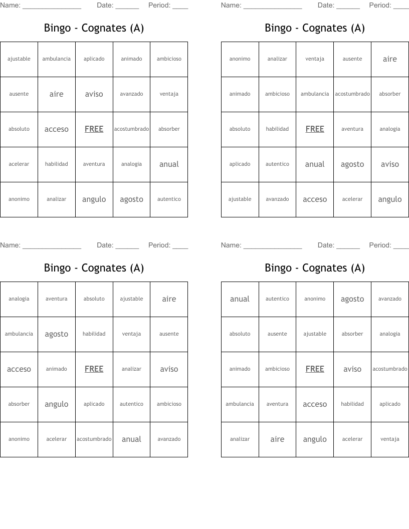 Bingo - Cognates (A)