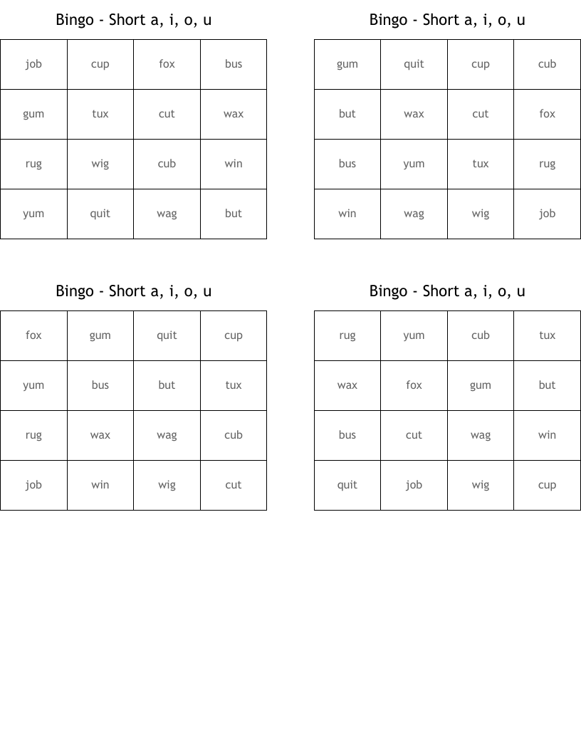 Bingo -   Short a, i, o, u   