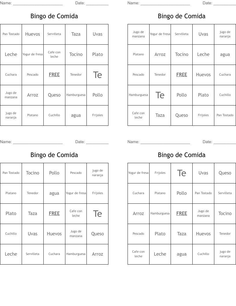 Bingo de Comida