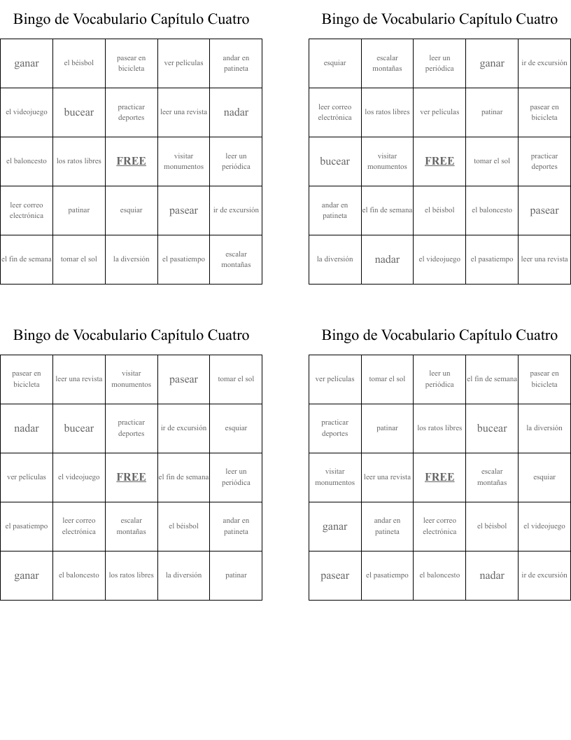 Bingo de Vocabulario Capítulo Cuatro