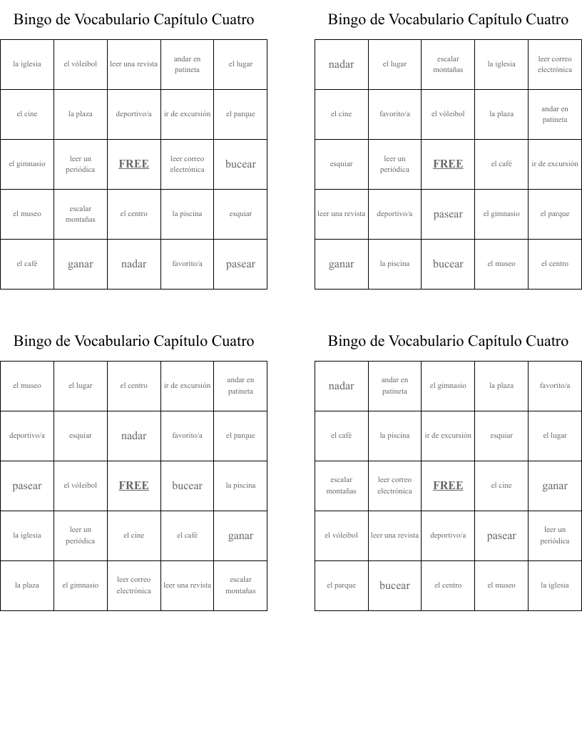 Bingo de Vocabulario Capítulo Cuatro