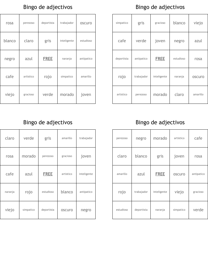 Bingo de adjectivos