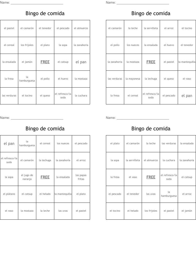 Bingo de comida