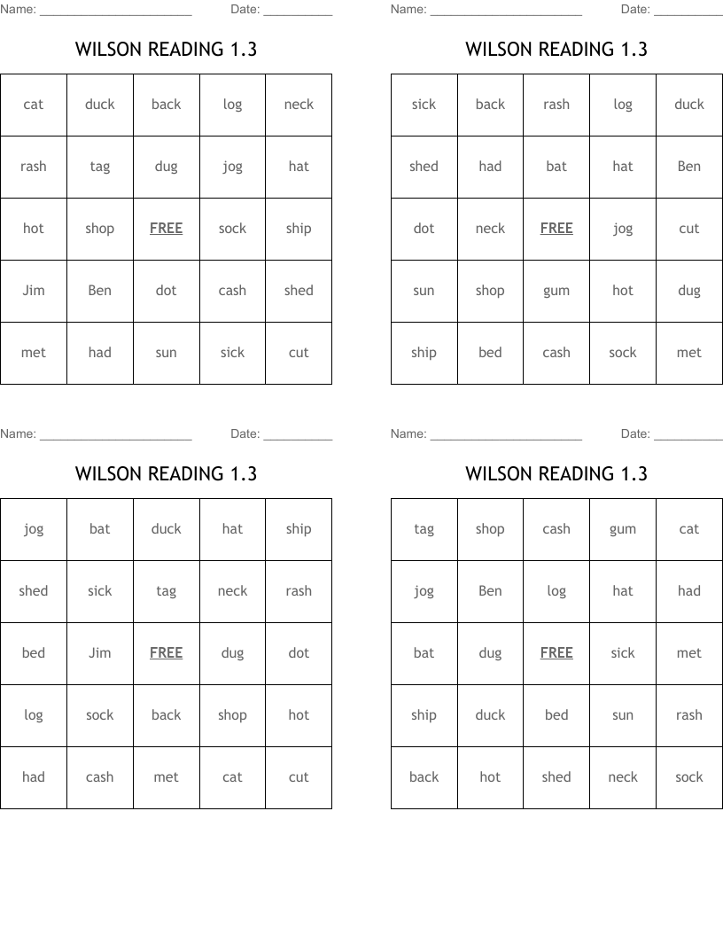 WILSON READING 1.3 Bingo Cards