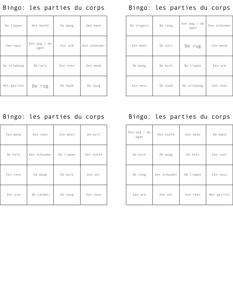 Bingo: les parties du corps