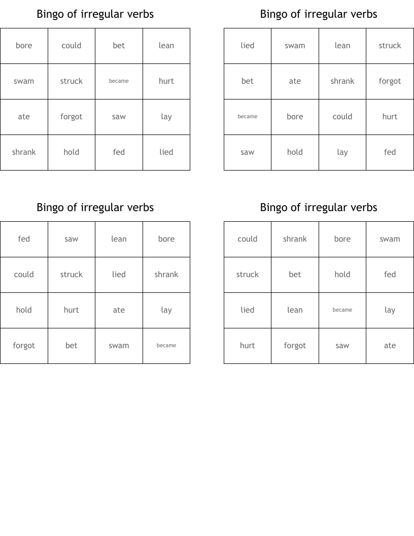 Bingo of irregular verbs