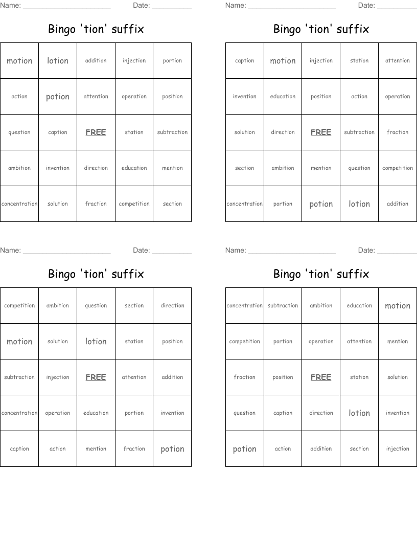 Bingo 'tion' suffix