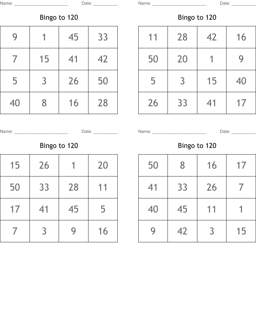 Bingo to 120