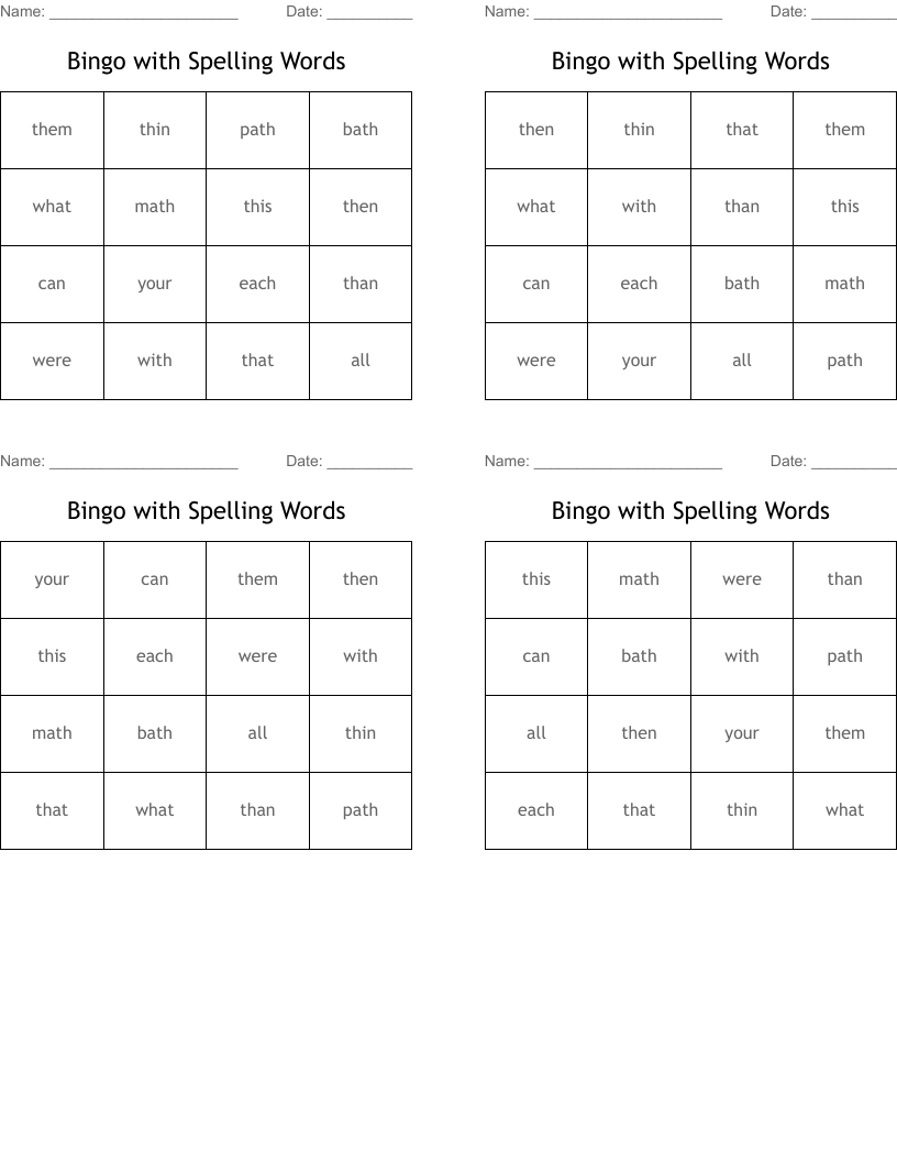 Bingo with Spelling Words