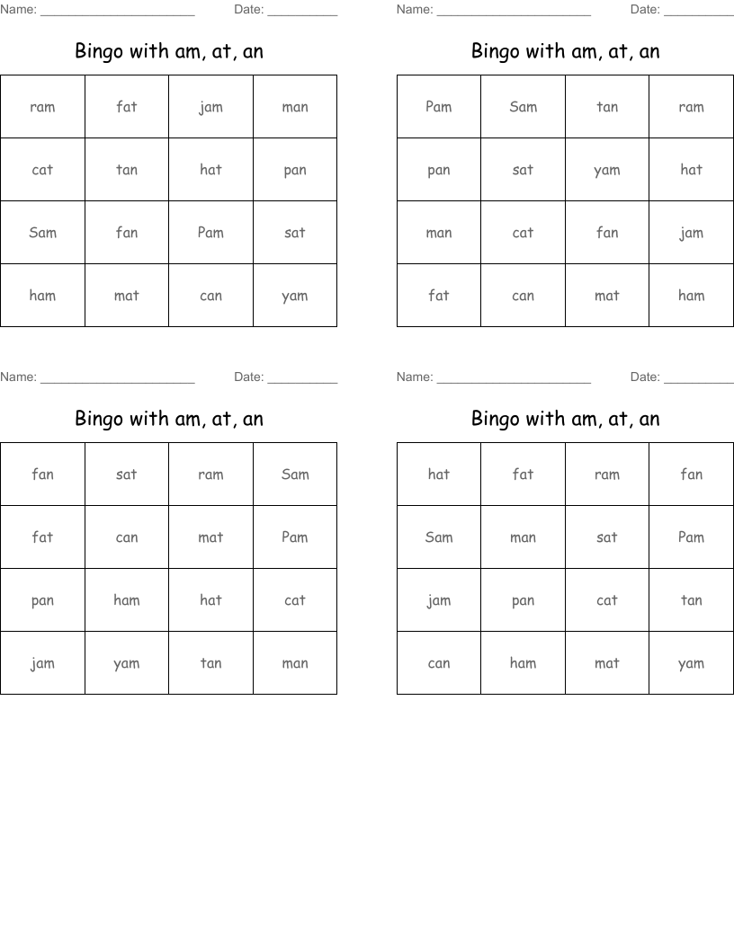 Bingo with am, at, an 
