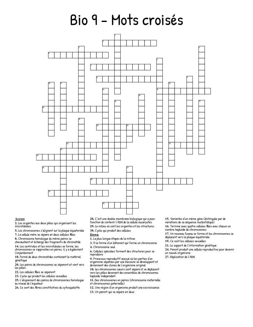 Bio 9 - Mots croisés Crossword