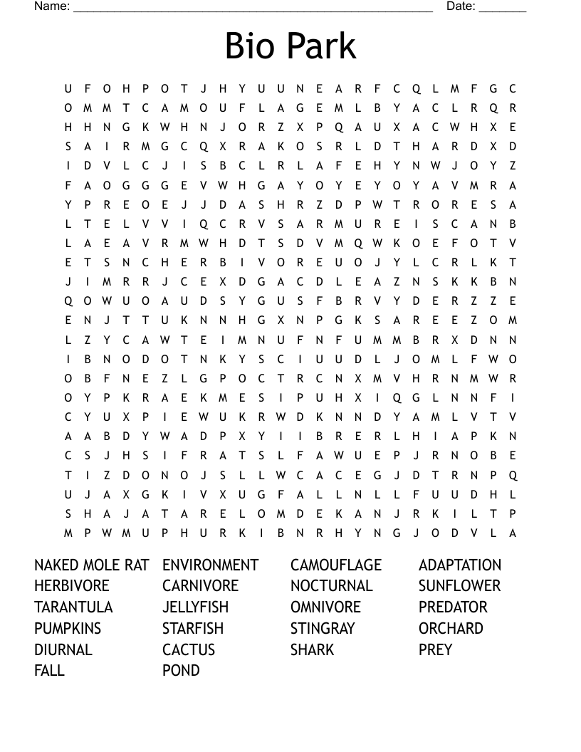 Bio Park Word Search