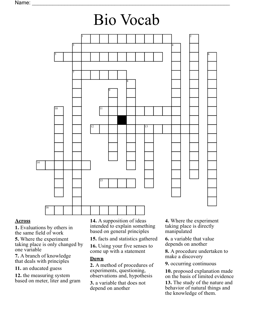 Bio Vocab Crossword