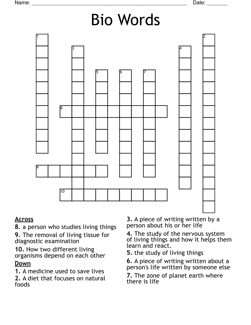 Bio Words Crossword