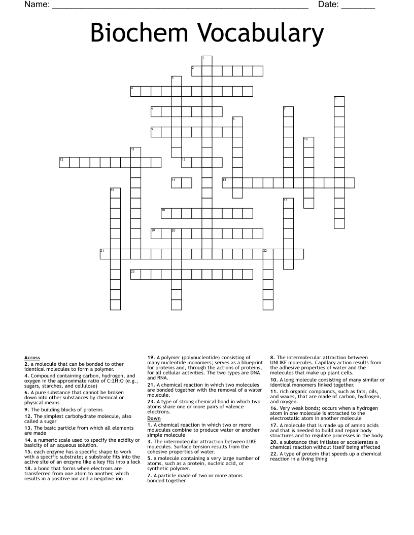 Biochem Vocabulary Crossword