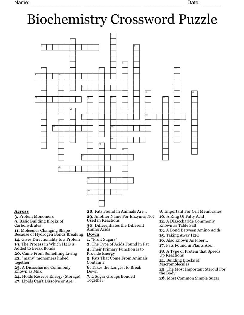 Biochemistry Crossword Puzzle 
