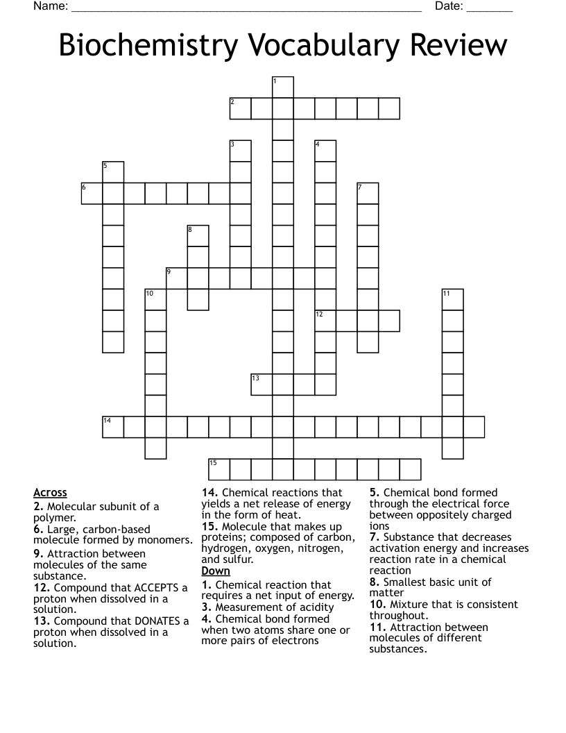 Biochemistry Vocabulary Review Crossword