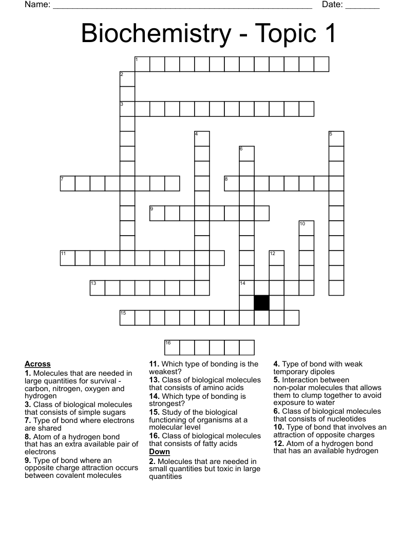 Biochemistry - Topic 1 Crossword