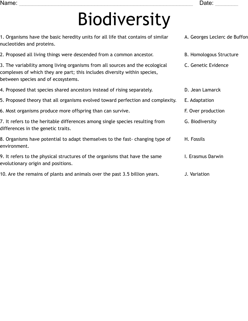 Biodiversity Worksheet