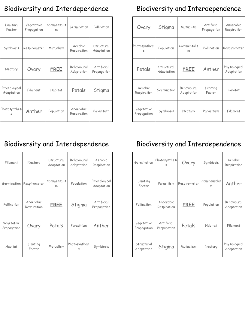 Biodiversity and Interdependence Bingo Cards