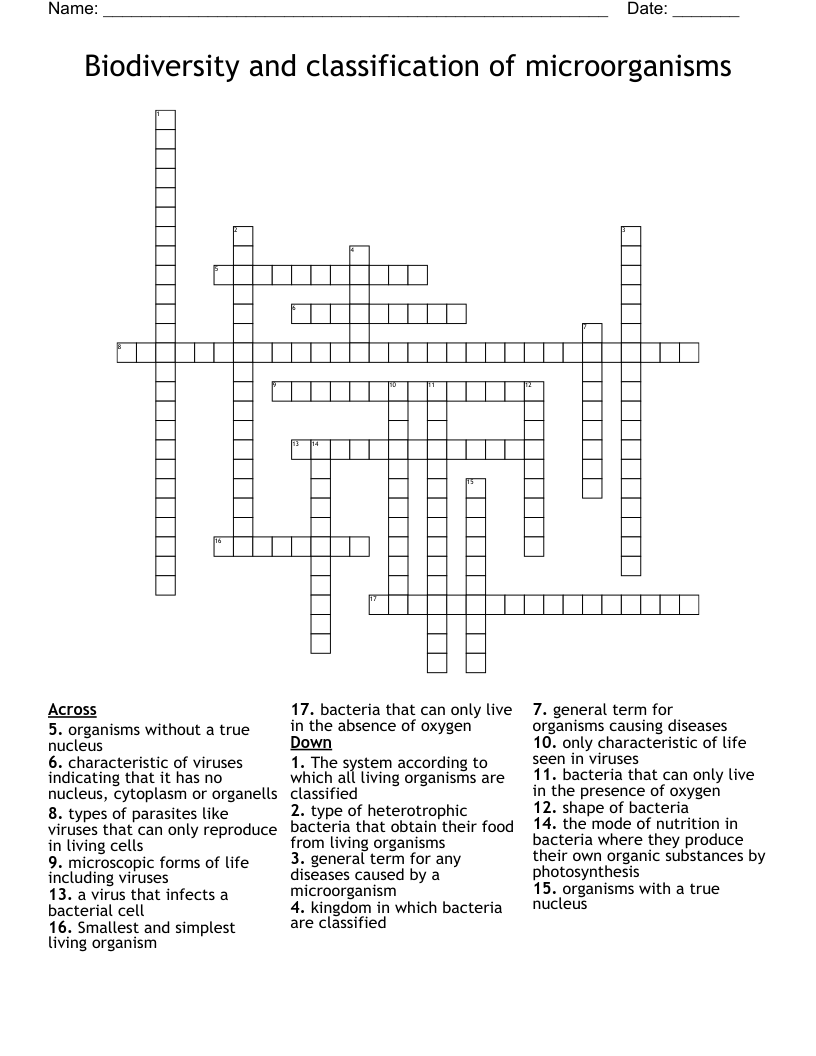 Biodiversity and classification of microorganisms Crossword