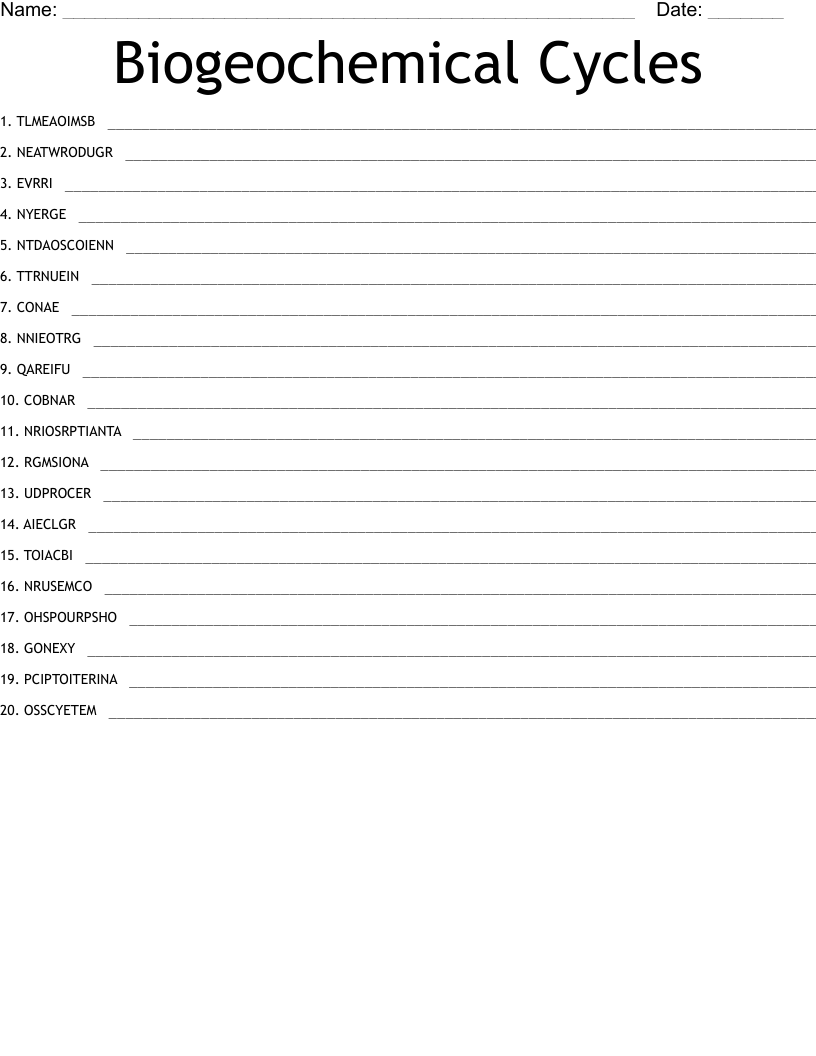 Biogeochemical Cycles Word Scramble