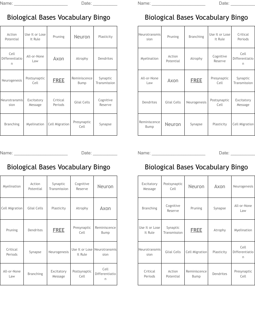 Biological Bases Vocabulary Bingo