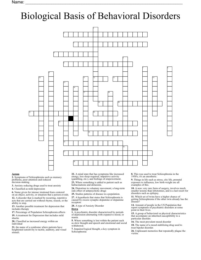 Biological Basis of Behavioral Disorders Crossword