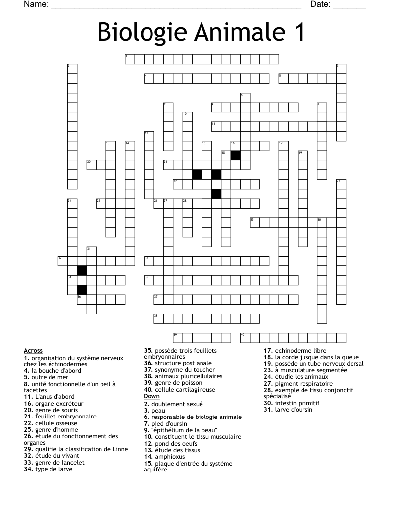 Biologie Animale 1 Crossword