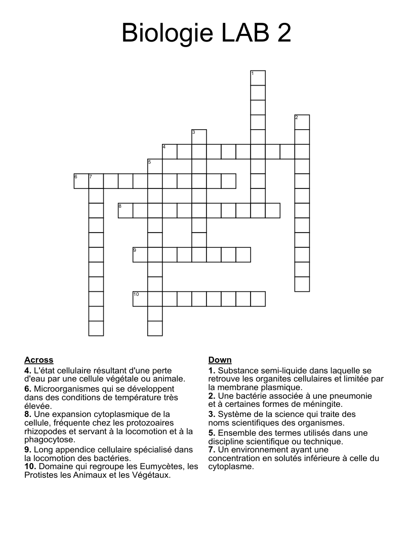 Biologie LAB 2 Crossword