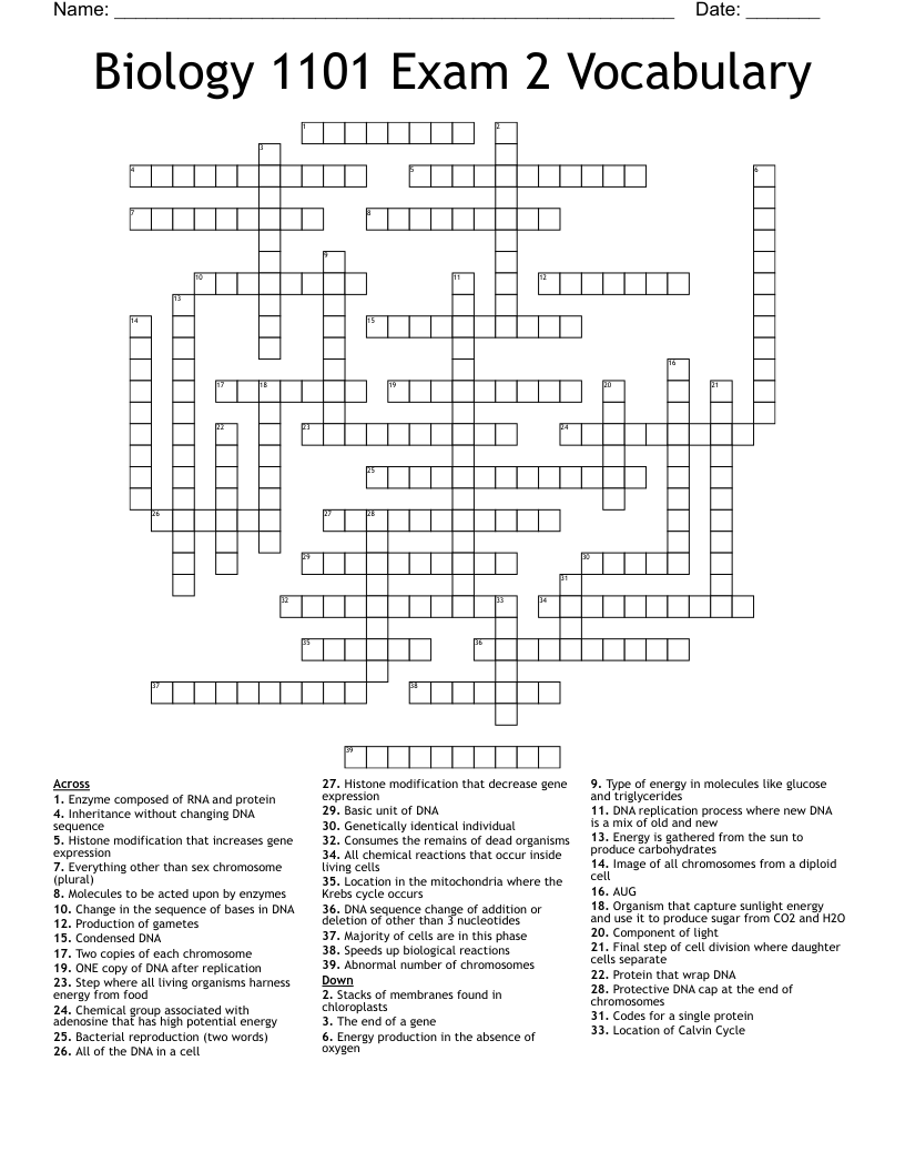 Biology 1101 Exam 2 Vocabulary Crossword
