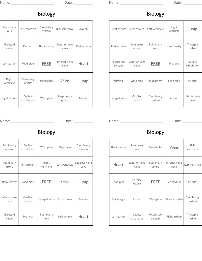 Biology Bingo Cards
